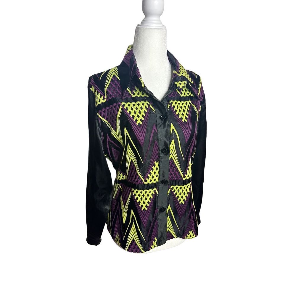 Jeff Galliano Vintage Neon Green‎ Purple Black Ella Satin Blouse Made in France
